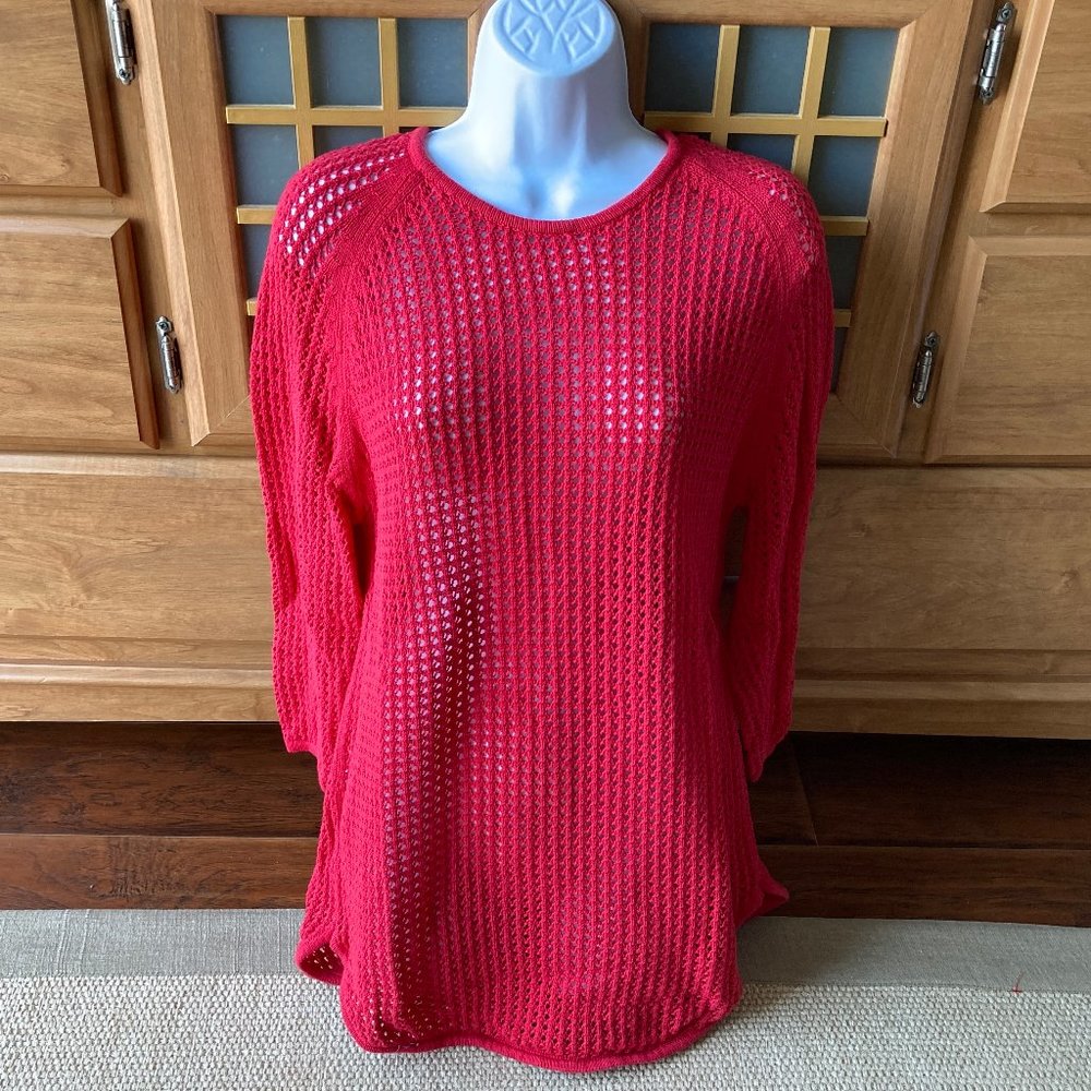 Jeanne Pierre Tomato Red Open Weave 3/4 Sleeve Sweater X Large